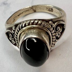 Black Oval Obsidian Sterling Silver stamped 925 Ring Sz 6.5